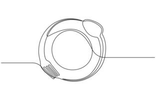 continuous single line drawing of dinner concept, plate with fork, knife and spoon, line art illustration vector
