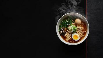 A Bowl of Ramen, Overflowing with Rich Broth, Silken Noodles, and an Exquisite Array of Colorful Toppings - From Verdant Green Onions to Earthy Mushrooms and the Perfectly Soft-Boiled Egg photo