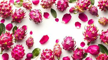 a group of pink flowers and leaves on a white surface photo