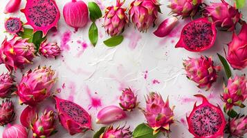 a colorful arrangement of dragon fruit on a white surface photo