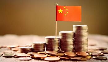 Stacked coins symbolizing financial growth, with China Flag photo