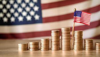Stacked coins symbolizing financial growth, with America Flag photo