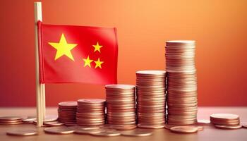 Stacked coins symbolizing financial growth, with China Flag photo