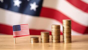 Stacked coins symbolizing financial growth, with America Flag photo