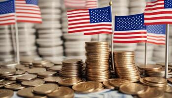 Stacked coins symbolizing financial growth, with America Flag photo
