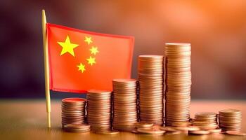 Stacked coins symbolizing financial growth, with China Flag photo
