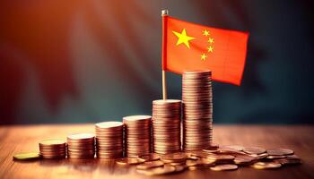 Stacked coins symbolizing financial growth, with China Flag photo
