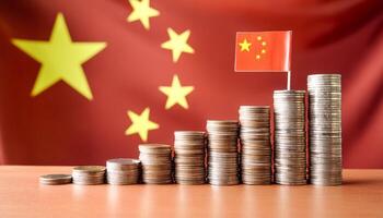 Stacked coins symbolizing financial growth, with China Flag photo
