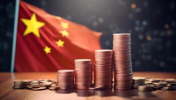 Stacked coins symbolizing financial growth, with China Flag photo