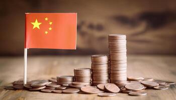 Stacked coins symbolizing financial growth, with China Flag photo