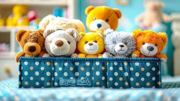 Group of stuffed animals sits in a blue and white polka dot box with a yellow, gray, and brown color scheme photo