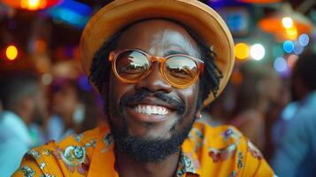 Handsome african american man with dreadlocks wearing hat and sunglasses photo