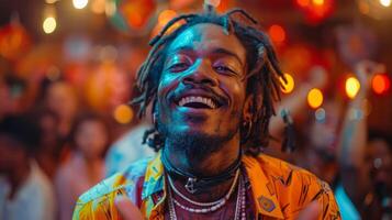 Portrait of happy african american man with dreadlocks dancing at night party photo