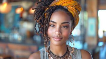 Young woman with dreadlocks and a yellow headscarf smiles while sitting in a cafe photo