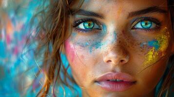 Close-up portrait of a beautiful young woman with colorful makeup photo