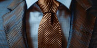 Close-Up of a Brown and Gold Patterned Tie on a Checked Suit photo
