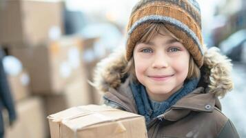Portrait of smiling little boy in winter clothes holding box in city. Concept moving photo