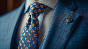 Close-Up of a Blue Silk Tie With a Geometric Pattern photo