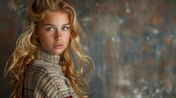 European Girl With Blonde Hair and Green Eyes Wearing a Sweater and Plaid Skirt photo