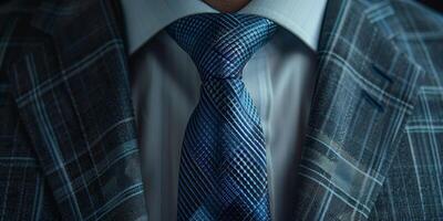 Close-Up of a Blue Striped Necktie With a Checkered Suit photo
