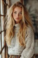 European Girl With Blonde Hair And Green Eyes Wearing A Sweater And Plaid Skirt photo