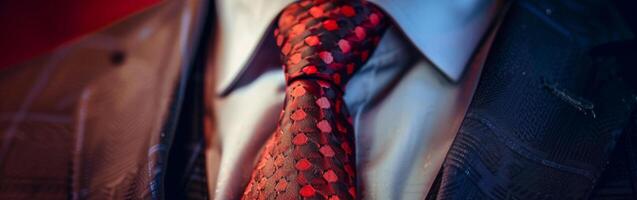 Close-Up of a Red and Black Tie Worn With a Sharp Suit and White Shirt photo