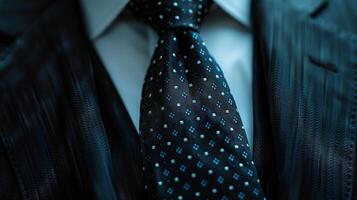 Close-Up of a Black Necktie With Blue and White Pattern on a Suit photo