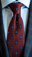 Close-Up of a Burgundy Silk Necktie With Blue Diamond Pattern on a Sharp Suit photo