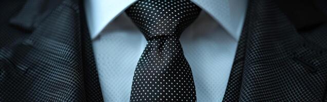 Close-Up of a Black Tie With White Dots on a Suit Jacket photo