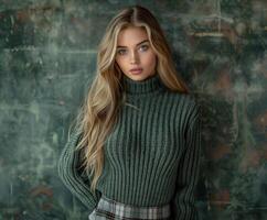 Woman in Green Sweater Posing photo