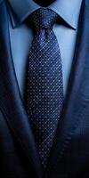 A Close-Up View of a Blue Silk Tie and Suit photo