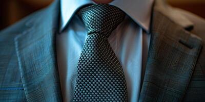 Close-Up of a Patterned Necktie Worn With a Grey Suit and White Shirt photo