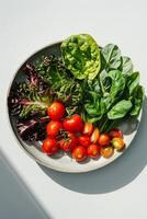 recién cortar vegetales en un cuenco en un blanco superficie foto
