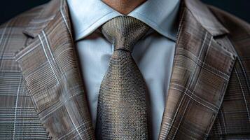 Close-Up of a Brown Plaid Suit Jacket With a Matching Tie photo