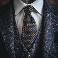 Close-Up View of a Navy Blue Suit With a Gold and Blue Patterned Tie photo