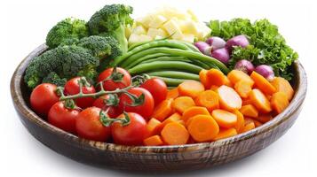 Freshly Cut Vegetables in a Wooden Bowl photo