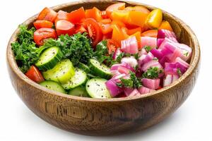 Wooden Bowl of Chopped Cucumber, Tomato, Red Onion, and Kale Salad photo