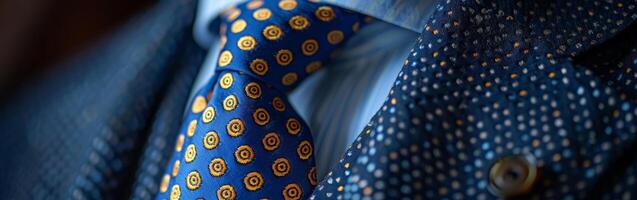 Close-Up Of A Blue Necktie With Gold Circles Pattern photo