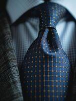 Close-Up of a Blue Necktie With Gold Pattern on a Sharp Suit photo
