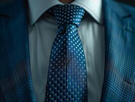 Close-Up of a Blue Tie With White Dots Worn With a Blue Suit photo