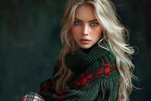 Blonde Japanese Girl Wearing Green Sweater With Red Plaid Design photo
