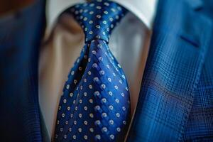 Close-Up of a Blue Patterned Necktie on a Sharp Suit photo