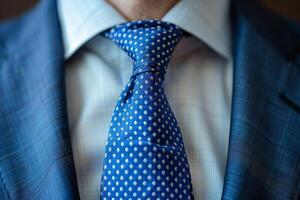 Close-Up of a Blue Dotted Necktie With a Blue Suit photo