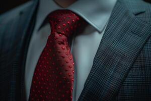 Close-Up of a Red Dotted Tie and Grey Suit photo