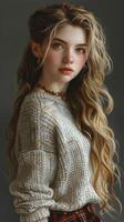 Japanese Girl With Blonde Hair and Green Eyes Wearing a Sweater photo