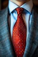 Close-Up of a Red Tie With Colorful Dots on a Sharp Suit photo