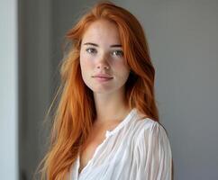 Portrait of a Woman With Long Red Hair, Wearing a White Blouse, Looking Directly at the Camera photo