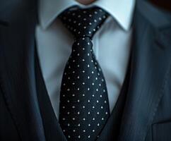 Close-Up of a Black Tie With White Polka Dots on a Blue Suit photo