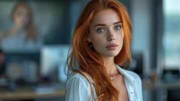 Portrait of a Woman With Long Red Hair in a White Shirt photo