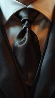 Close-Up of a Black Necktie and Suit Jacket photo